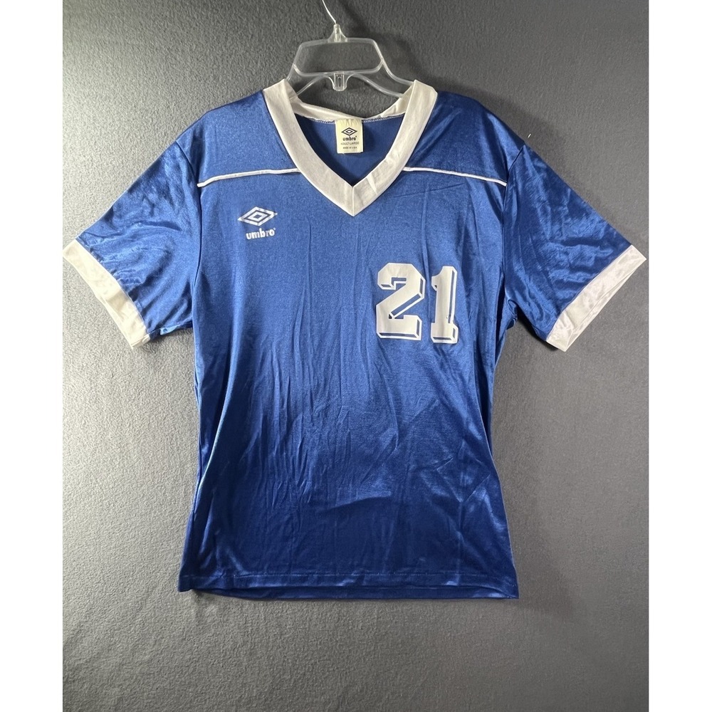 Umbro VTG Soccer Jersey L Blue White V Neck Shirt 80s 21 See All Photos USA Made